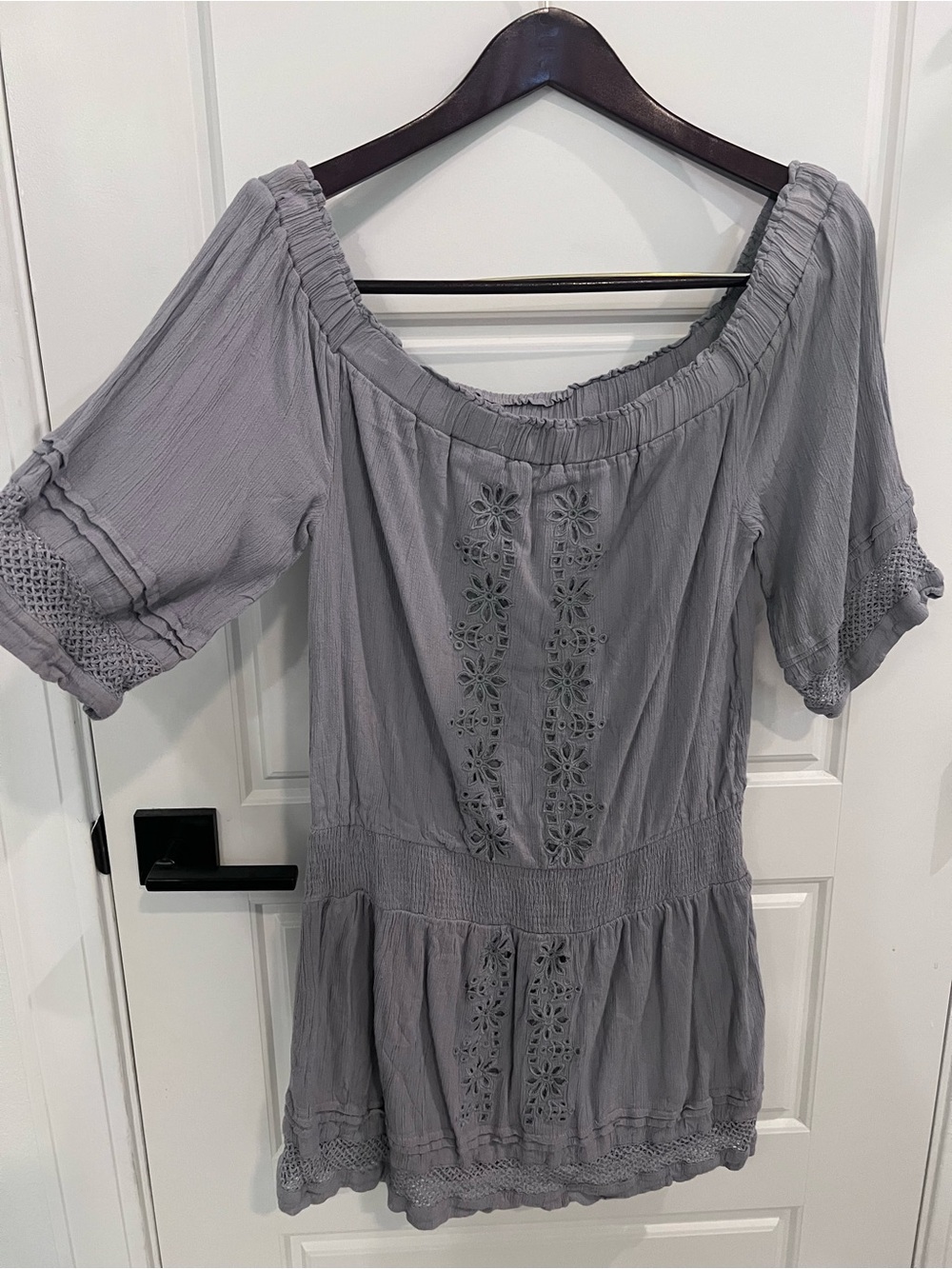 Tularosa Gray Off-Shoulder Eyelet Dress